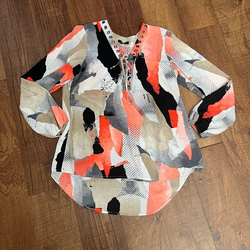 Alfani Womens balloon sleeve geo pattern lightweight blouse Sz 8 lattice cut